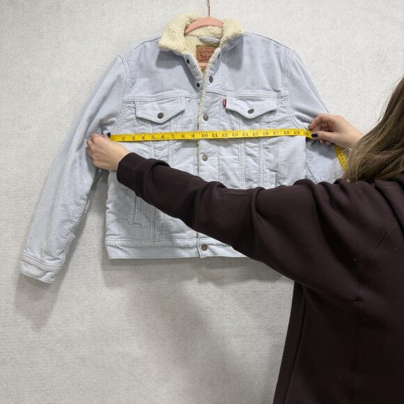 Levis Jacket Womens Large Blue Corduroy Sherpa Trucker Lined Warm Casual Winter - Picture 9 of 12